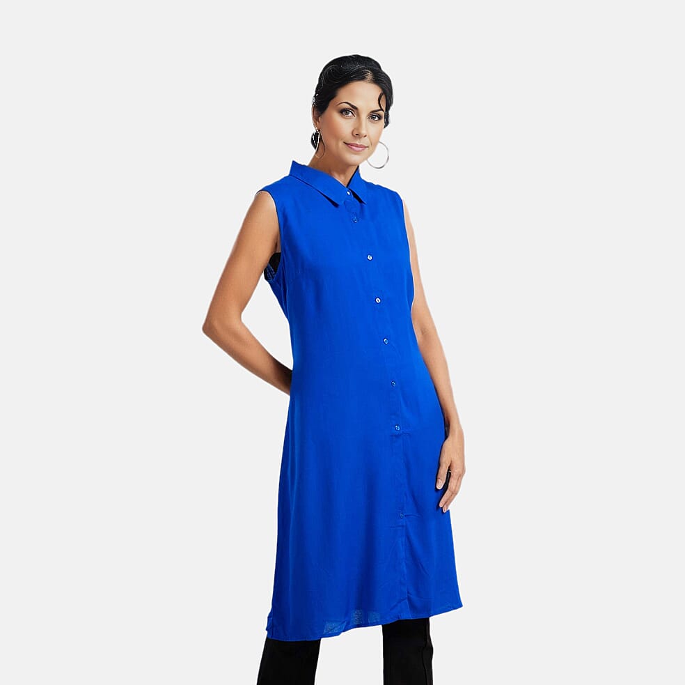 TAMSY 100% Viscose Long Length Sleeveless Top (Size-14) - Blue