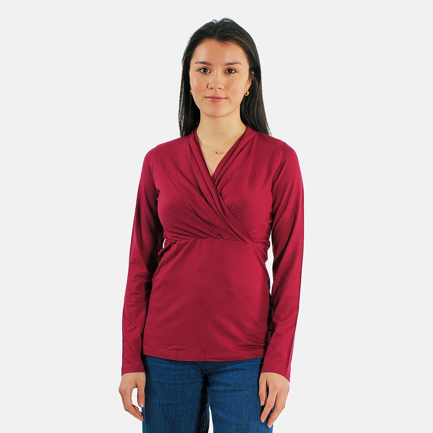 TAMSY Viscose Long Sleeves Wrap Top (Size S,8-10) - Cranberry