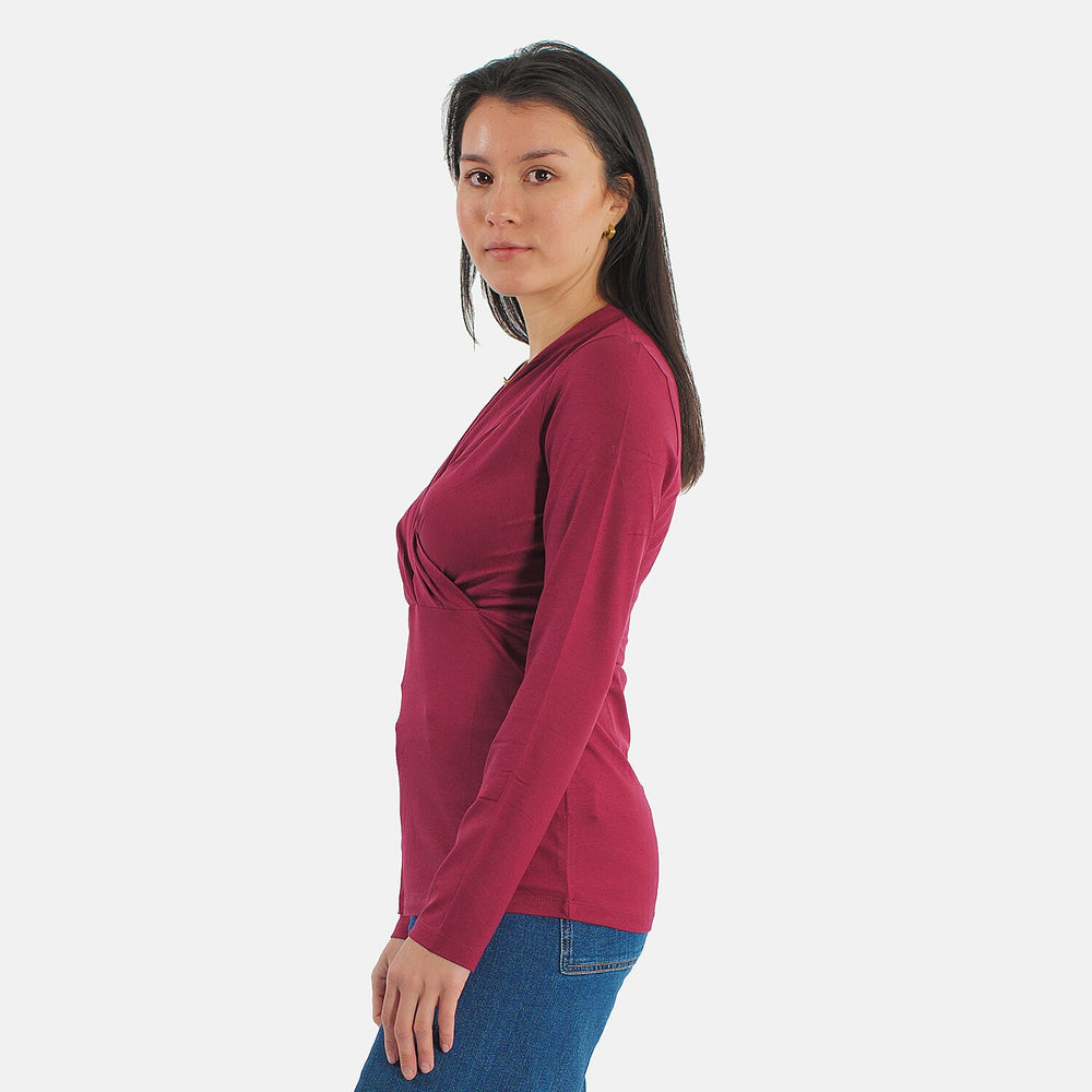 TAMSY Viscose Long Sleeves Wrap Top (Size S,8-10) - Cranberry