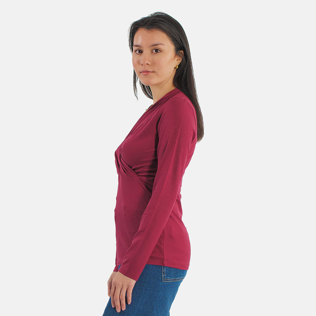 TAMSY Viscose Long Sleeves Wrap Top (Size S,8-10) - Cranberry