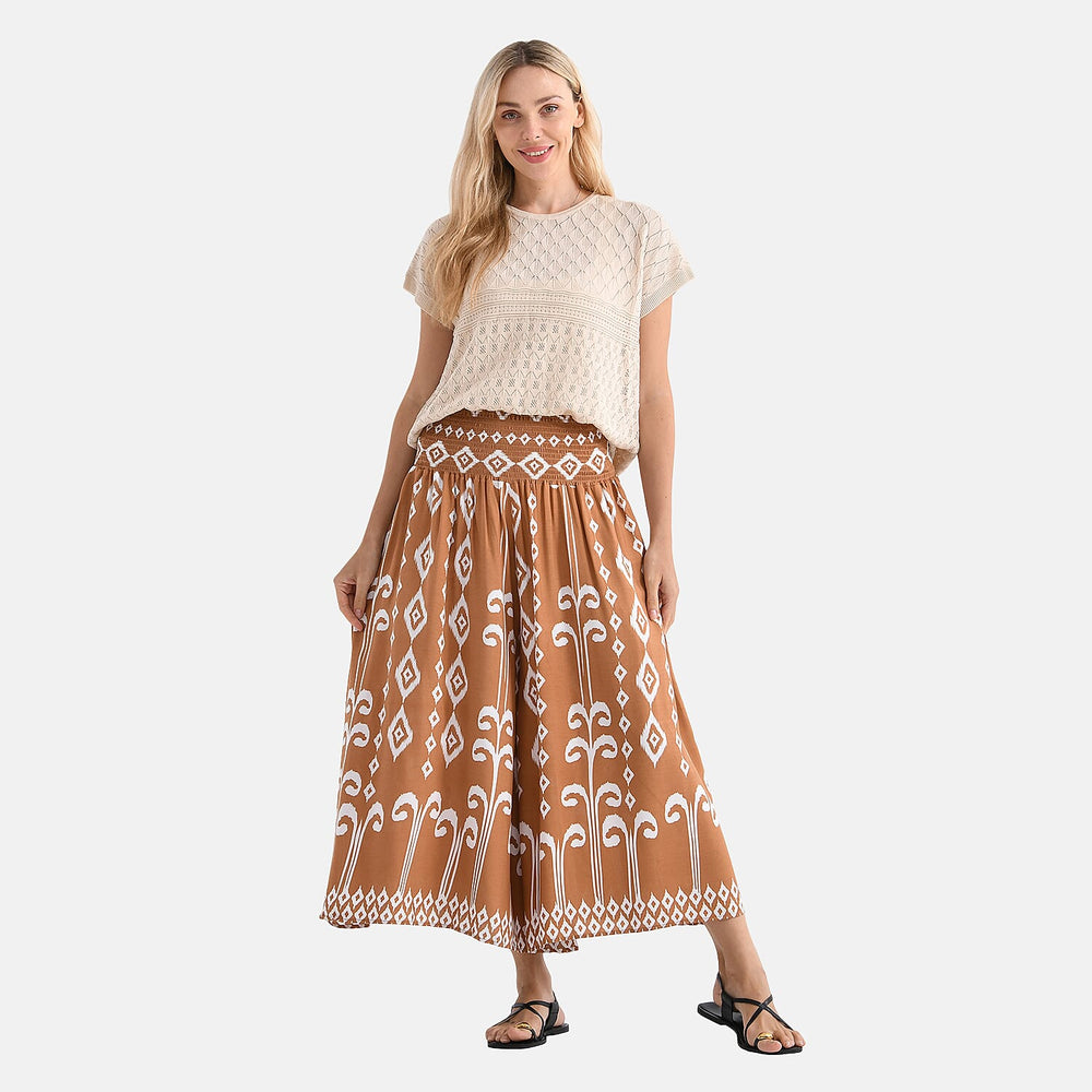Tamsy Womens Viscose Tribal Pattern Wide Leg Smocked Waist Culottes (One Size, 20inch Inside leg) - Brown