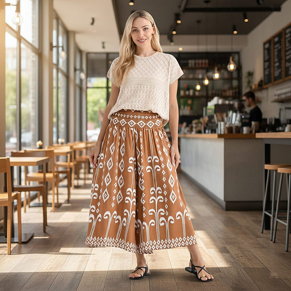 Tamsy Womens Viscose Tribal Pattern Wide Leg Smocked Waist Culottes (One Size, 20inch Inside leg) - Brown