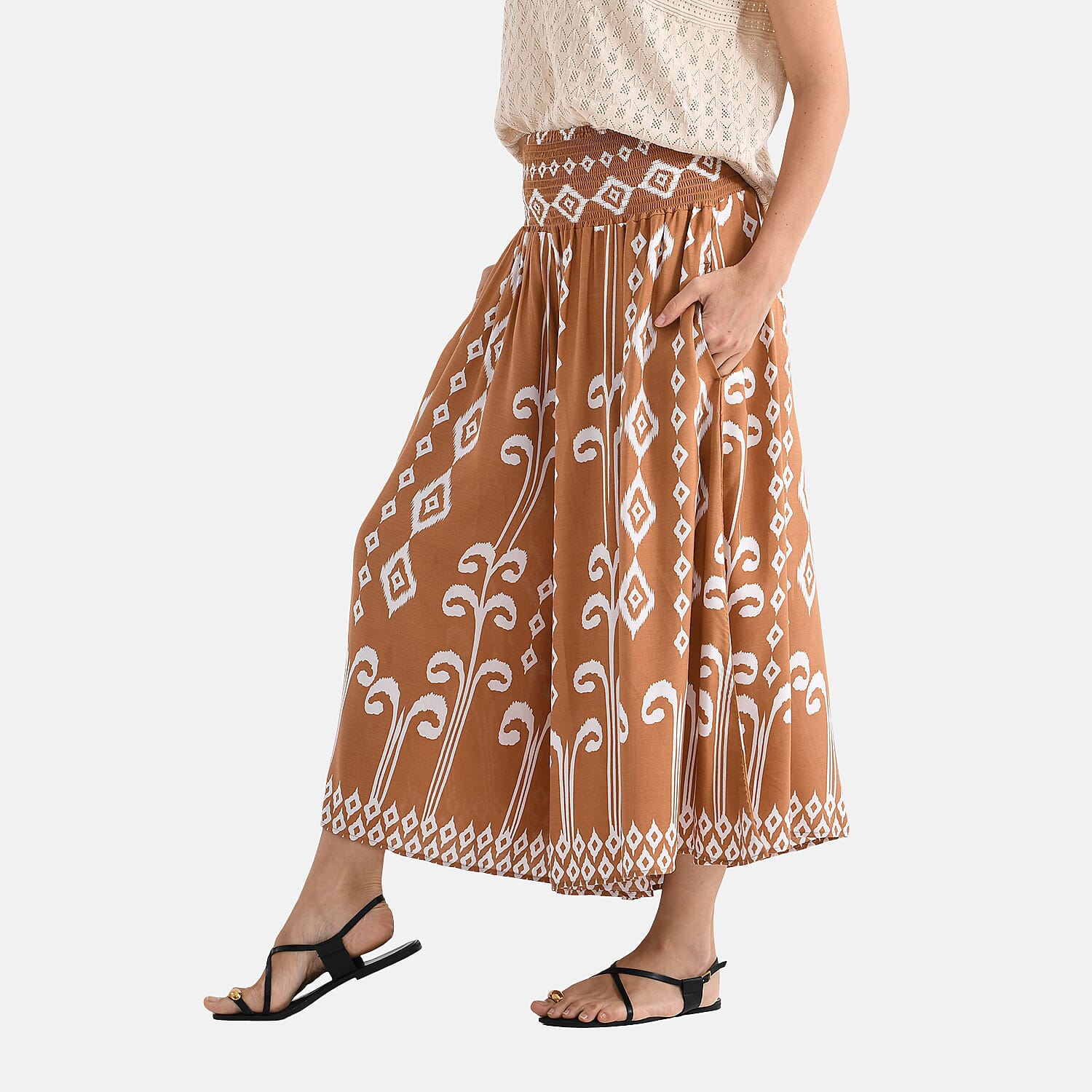 Tamsy Womens Viscose Tribal Pattern Wide Leg Smocked Waist Culottes (One Size, 20inch Inside leg) - Brown