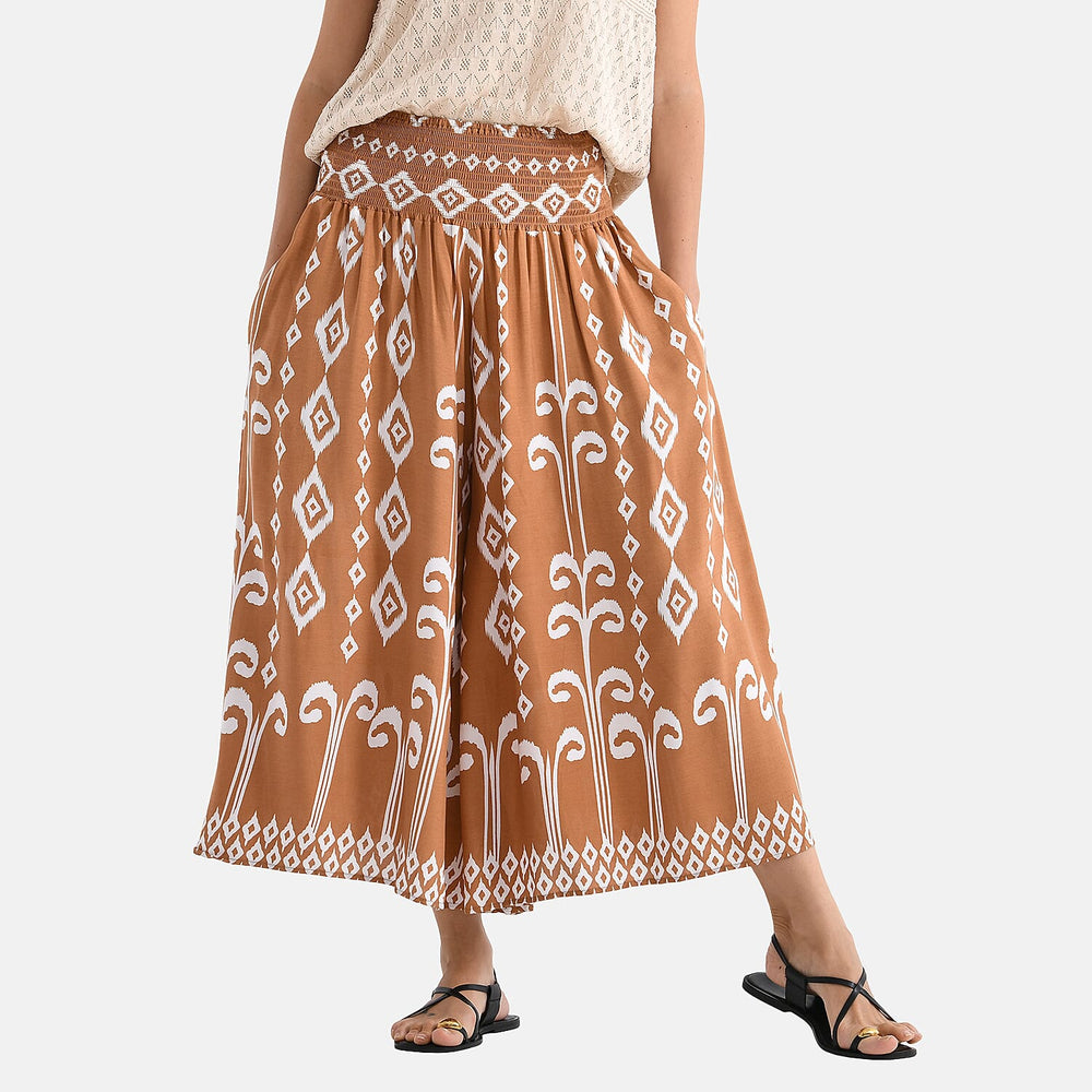Tamsy Womens Viscose Tribal Pattern Wide Leg Smocked Waist Culottes (One Size, 20inch Inside leg) - Brown