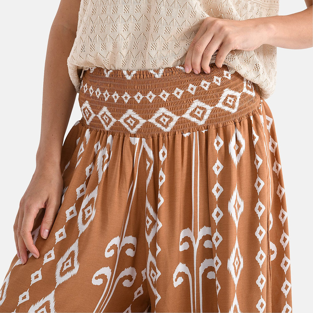 Tamsy Womens Viscose Tribal Pattern Wide Leg Smocked Waist Culottes (One Size, 20inch Inside leg) - Brown