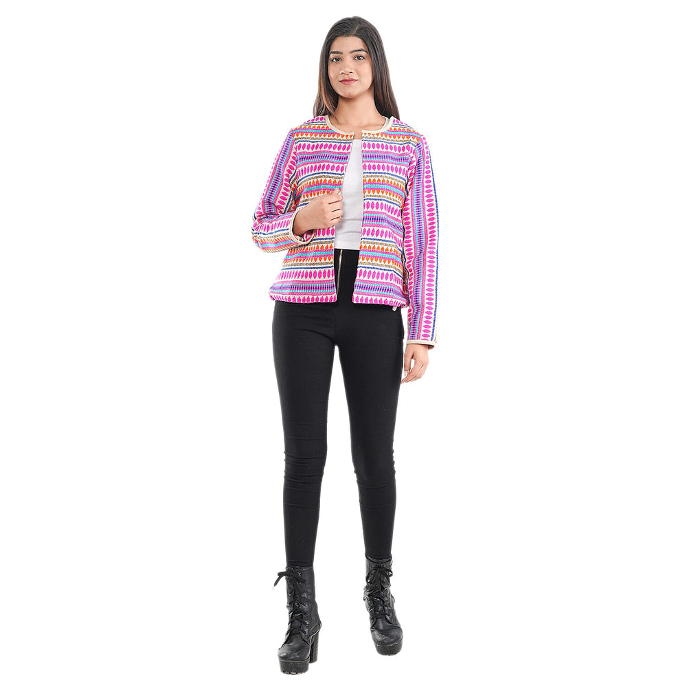 TAMSY Round Neck Long Sleeves Jacket (Size M,12-14) - Pink & Multi