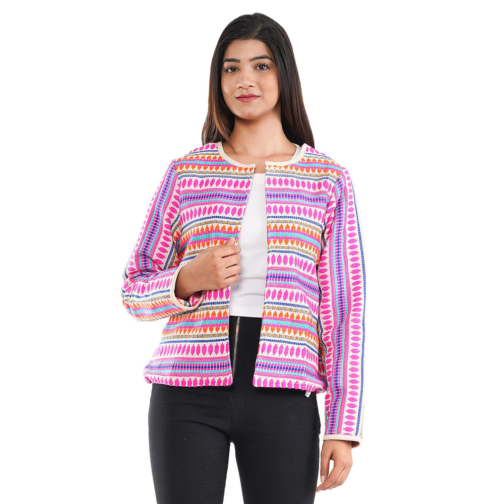 TAMSY Round Neck Long Sleeves Jacket (Size L,16-18) - Pink & Multi