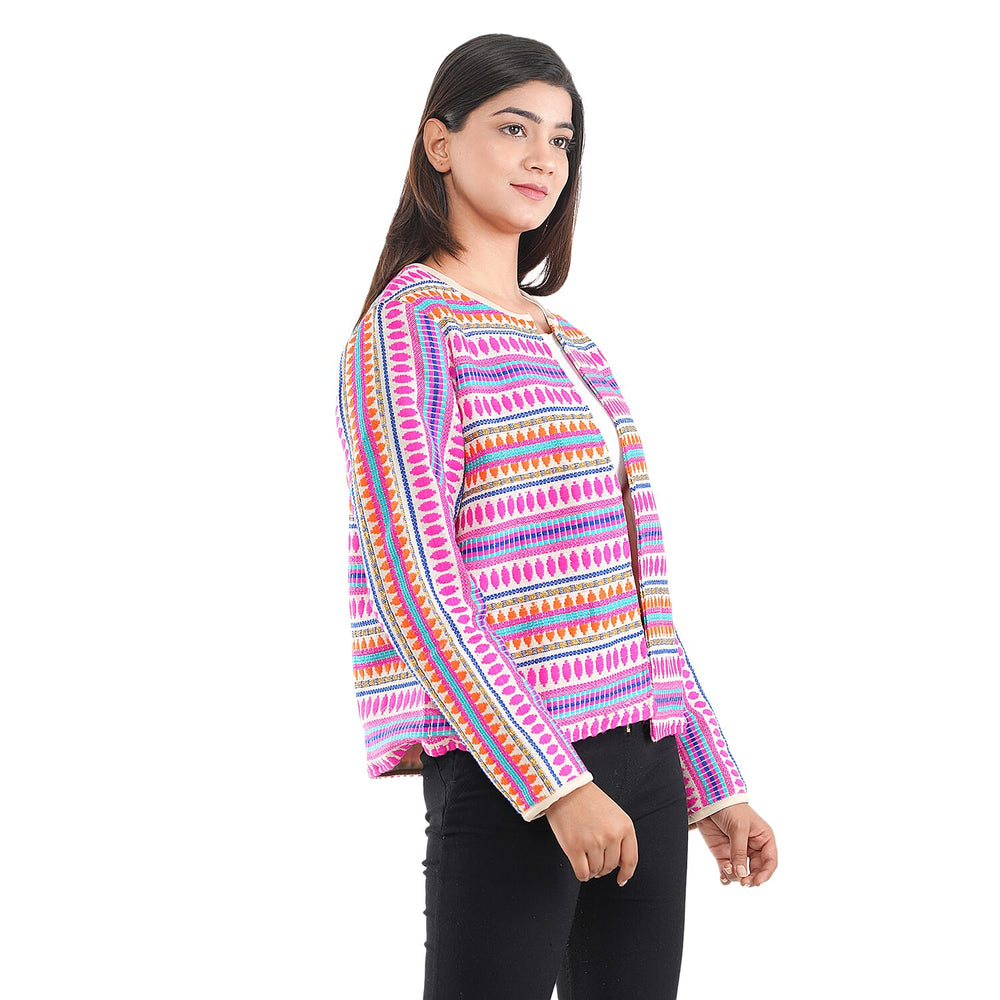 TAMSY Round Neck Long Sleeves Jacket (Size L,16-18) - Pink & Multi