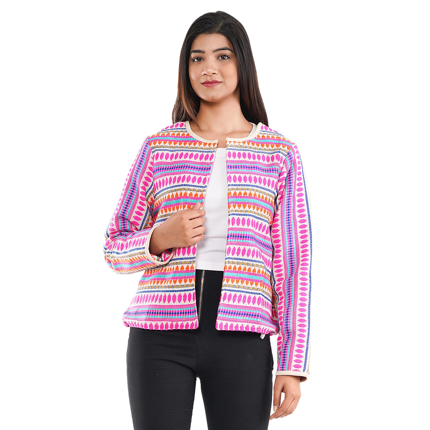 TAMSY Round Neck Long Sleeves Jacket (Size XXL,24-26) - Pink - Multi