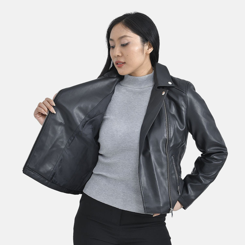 TAMSY Lapel Collar Jacket with Zipper Pockets (Size M) - Black