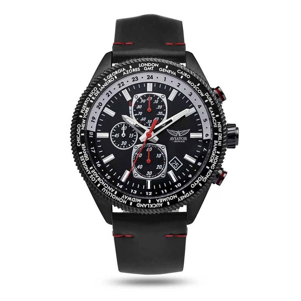 LOWEST EVER-Aviator F Series Black Eagle Gents Chronograph Automatic Movt. Mens Watch with Black Leather Strap