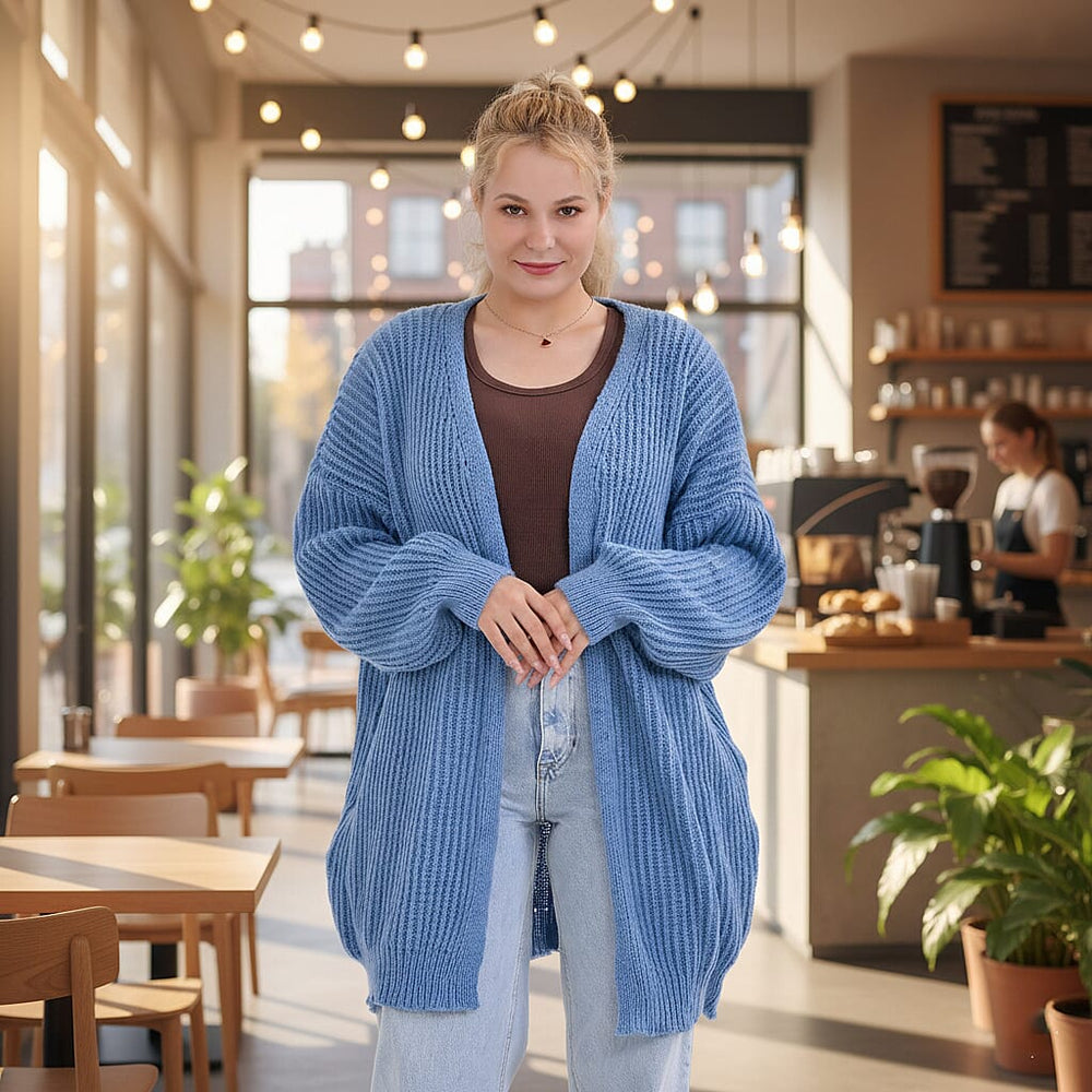THE BIG SALE PRICE - - Maisi Ribbed Lightweight Cardigan (One Size 8 TO 22) - Blue