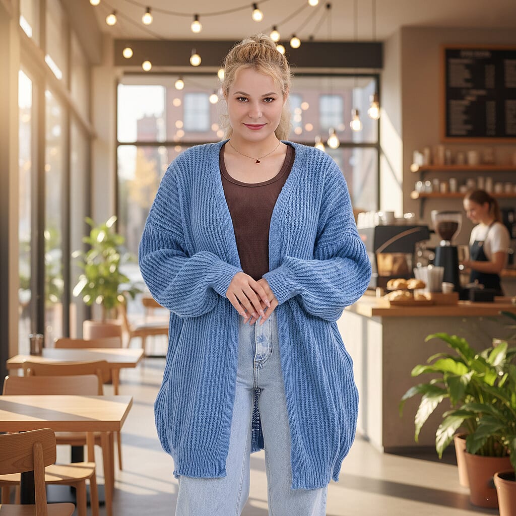 THE BIG SALE PRICE - - Maisi Ribbed Lightweight Cardigan (One Size 8 TO 22) - Blue