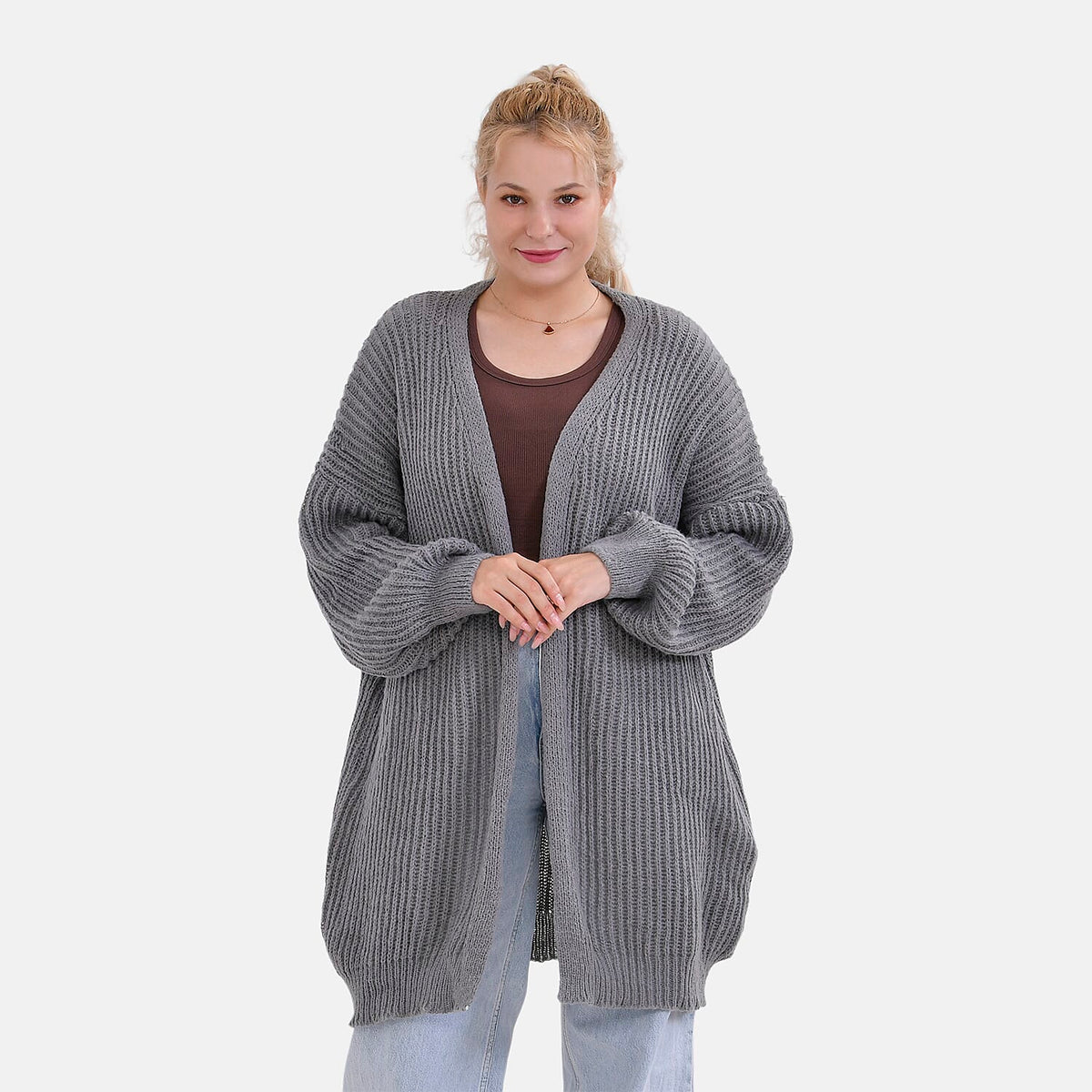 THE BIG SALE PRICE - - Maisi Ribbed Lightweight Cardigan (One Size 8 TO 22) - Grey