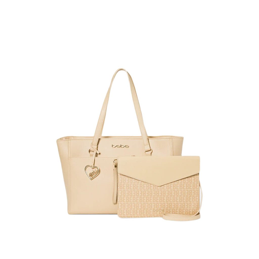 THE DESIGNER LAUNCH - BEBE Signature Tote - Clutch Set with Heart Charm - Beige