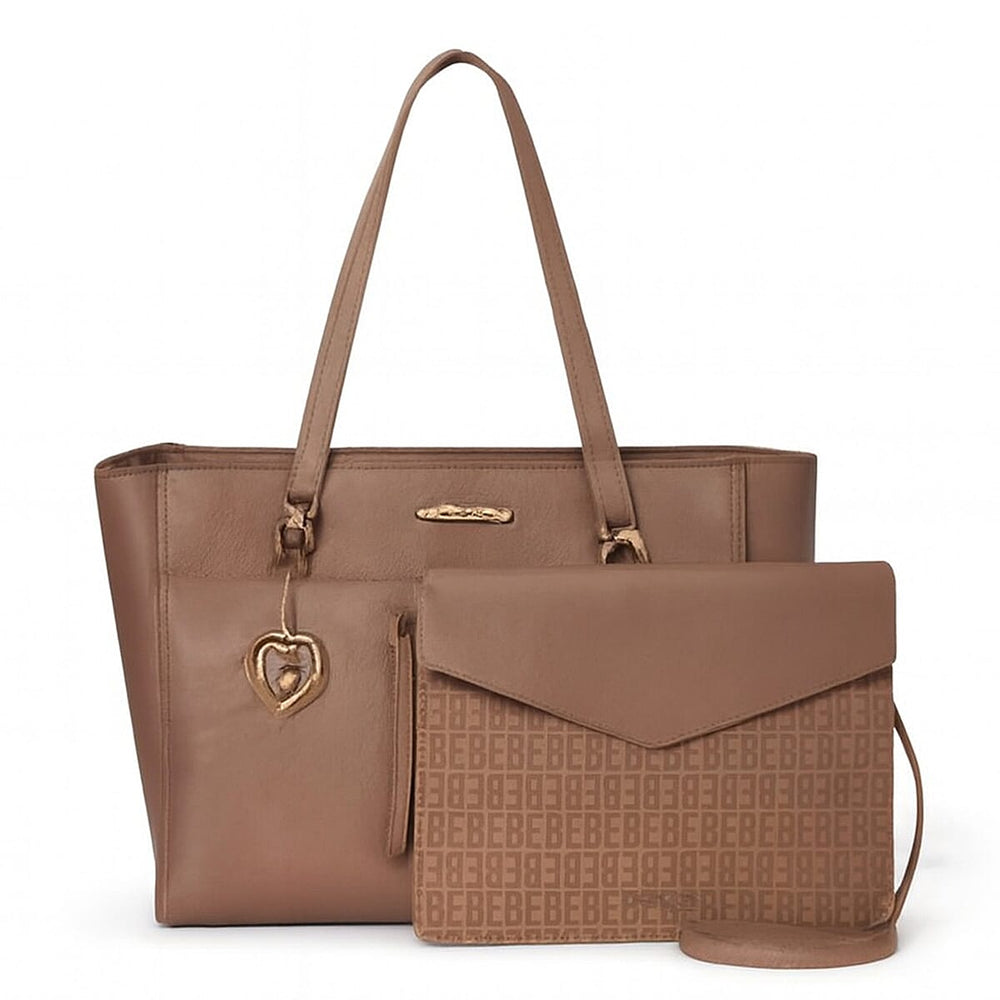THE DESIGNER LAUNCH -- BEBE Signature Tote - Clutch Set with Heart Charm - Taupe