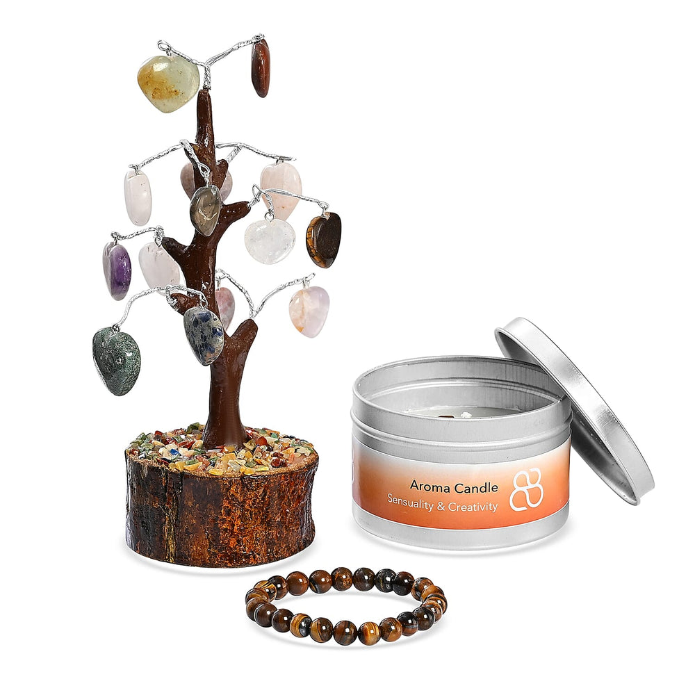 THE HANDMADE LUXURY - Bliss - Beyond Set of 3 Tiger Eye Gemstone Gifting Set - 20cm Heart Tree, Soya Wax Candle - 8mm Bracelet - Brown