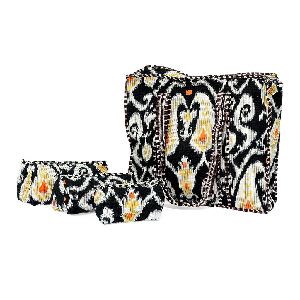THE HANDMADE LUXURY - Designer Inspired 100% Pure Cotton 4 Piece Designer Patterns Zipper Tote Bag with Pouches - Black