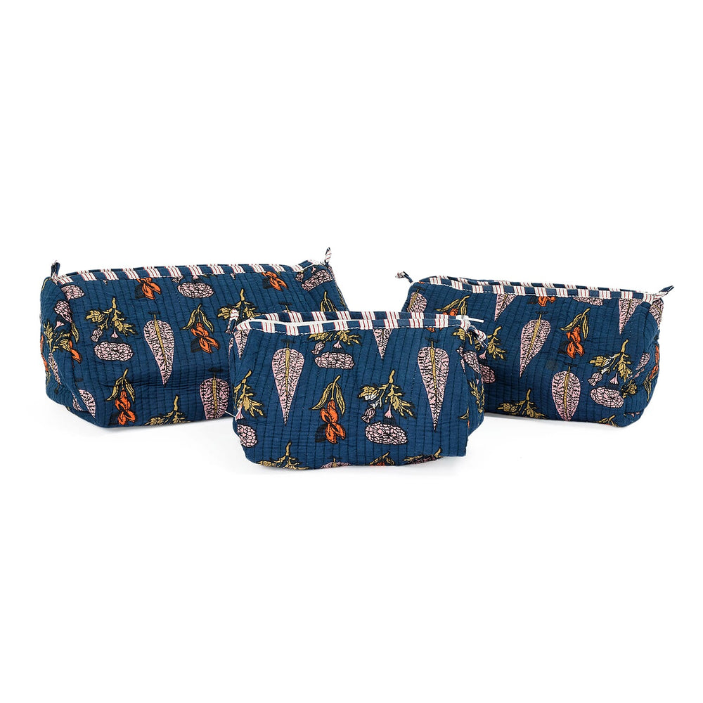 THE HANDMADE LUXURY - Designer Inspired 100% Pure Cotton 4 Piece Designer Patterns Zipper Tote Bag with Pouches - Navy