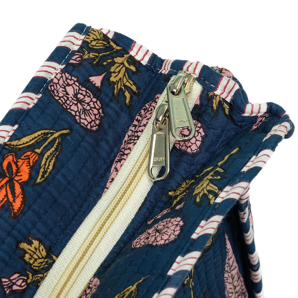 THE HANDMADE LUXURY - Designer Inspired 100% Pure Cotton 4 Piece Designer Patterns Zipper Tote Bag with Pouches - Navy