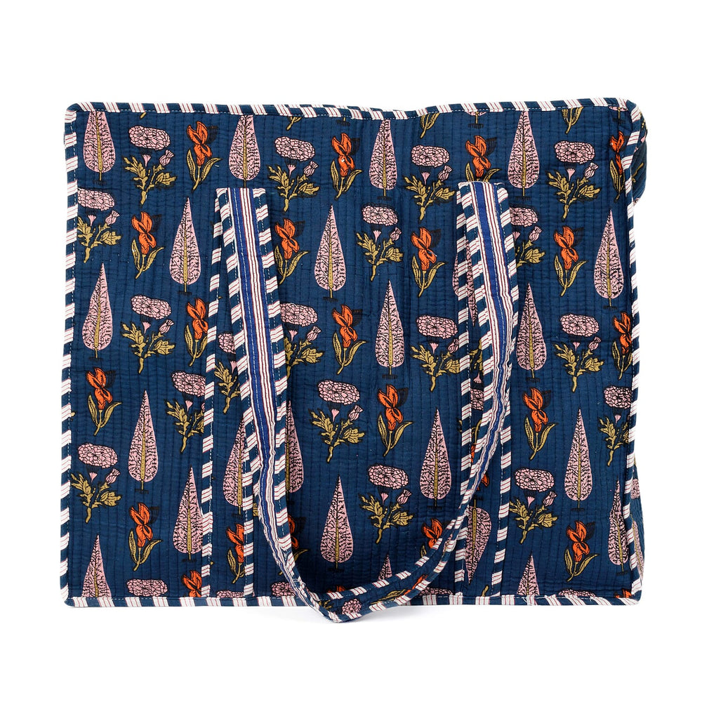 THE HANDMADE LUXURY - Designer Inspired 100% Pure Cotton 4 Piece Designer Patterns Zipper Tote Bag with Pouches - Navy