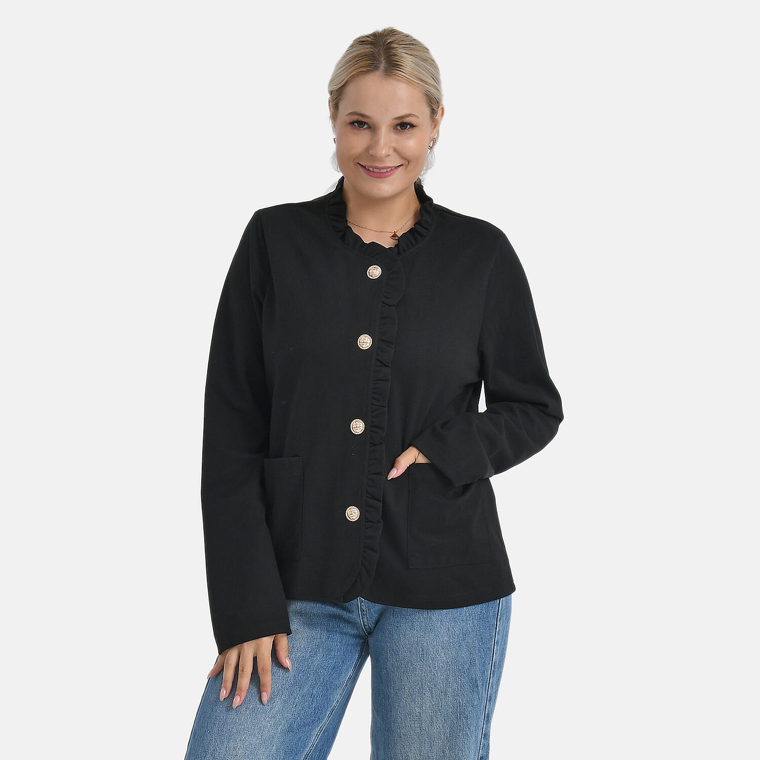 THE LUXE LAYER COLLECTION- -Maisi Frill Trim Gold Button Suede Feel Jacket (Size M, 12 to 14) - Black