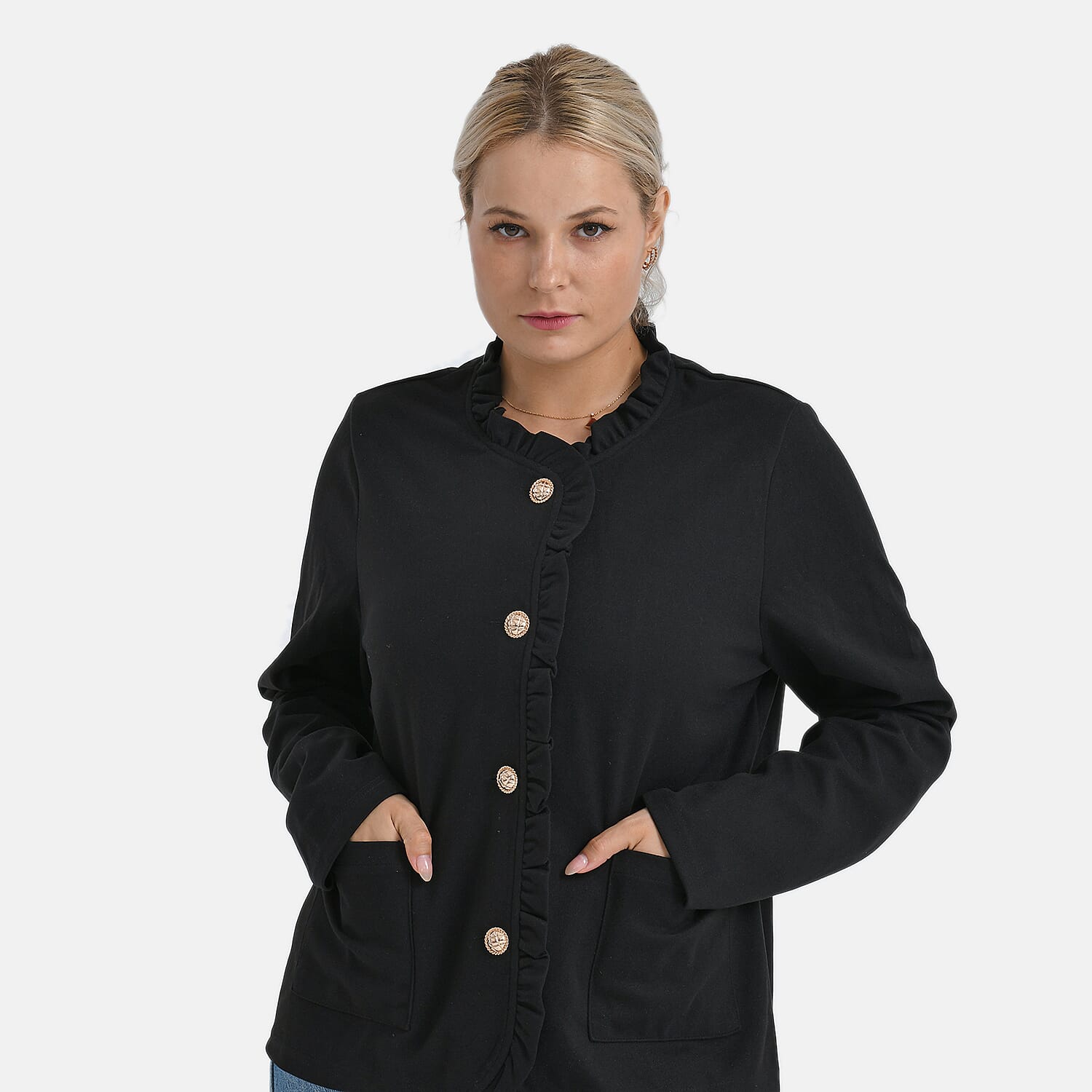 THE LUXE LAYER COLLECTION- -Maisi Frill Trim Gold Button Suede Feel Jacket (Size M, 12 to 14) - Black