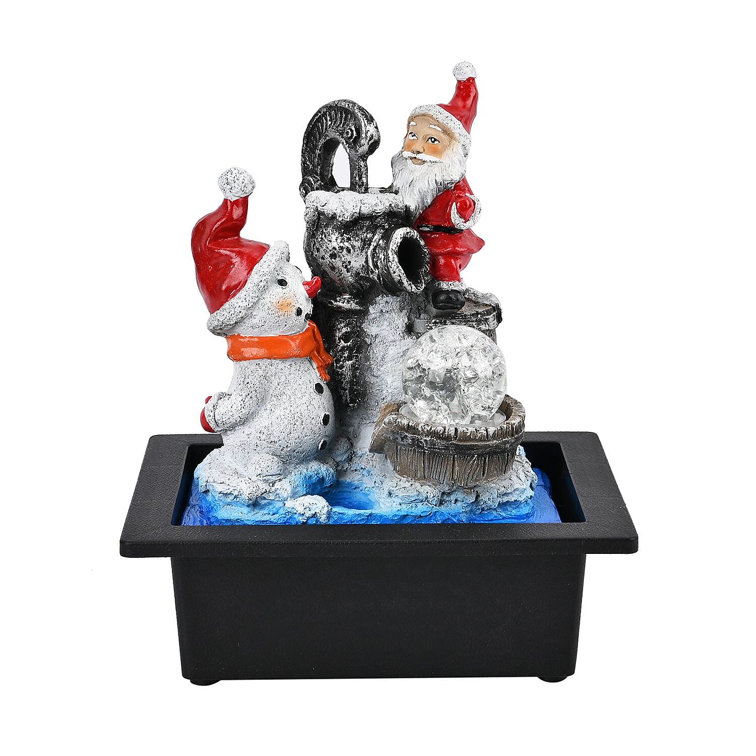Santa Claus & Snowman Indoor Water Fountain with Multicolour LED Lights (USB Powered) - White, Blue & Red