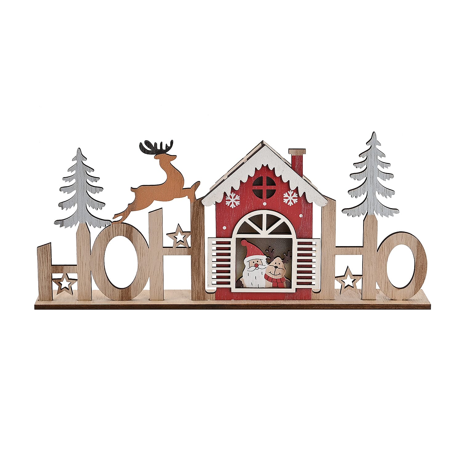 Plywood Table Decor Christmas House with 2 LED Lights (2xAAA Batteries Not Inc.)