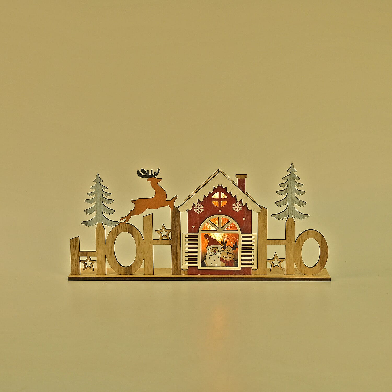 Plywood Table Decor Christmas House with 2 LED Lights (2xAAA Batteries Not Inc.)