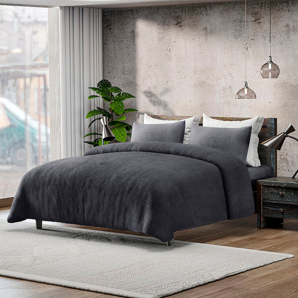 Luxury Edition - 3 Piece Set Teddy Fleece Duvet Cover & 2 Pillowcases - Grey Double