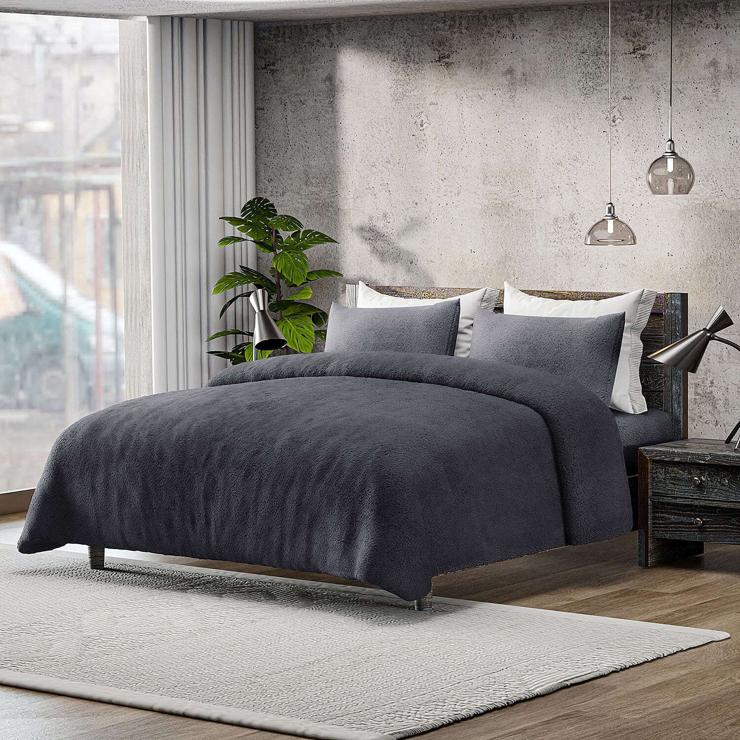 Luxury Edition - 3 Piece Set Teddy Fleece Duvet Cover & 2 Pillowcases - Grey Double
