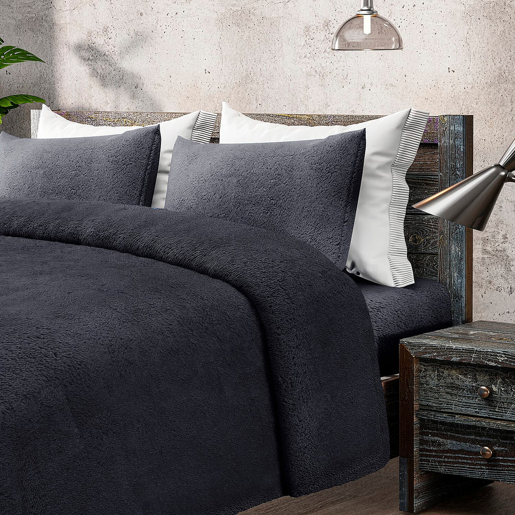 Luxury Edition - 3 Piece Set Teddy Fleece Duvet Cover & 2 Pillowcases - Grey Double