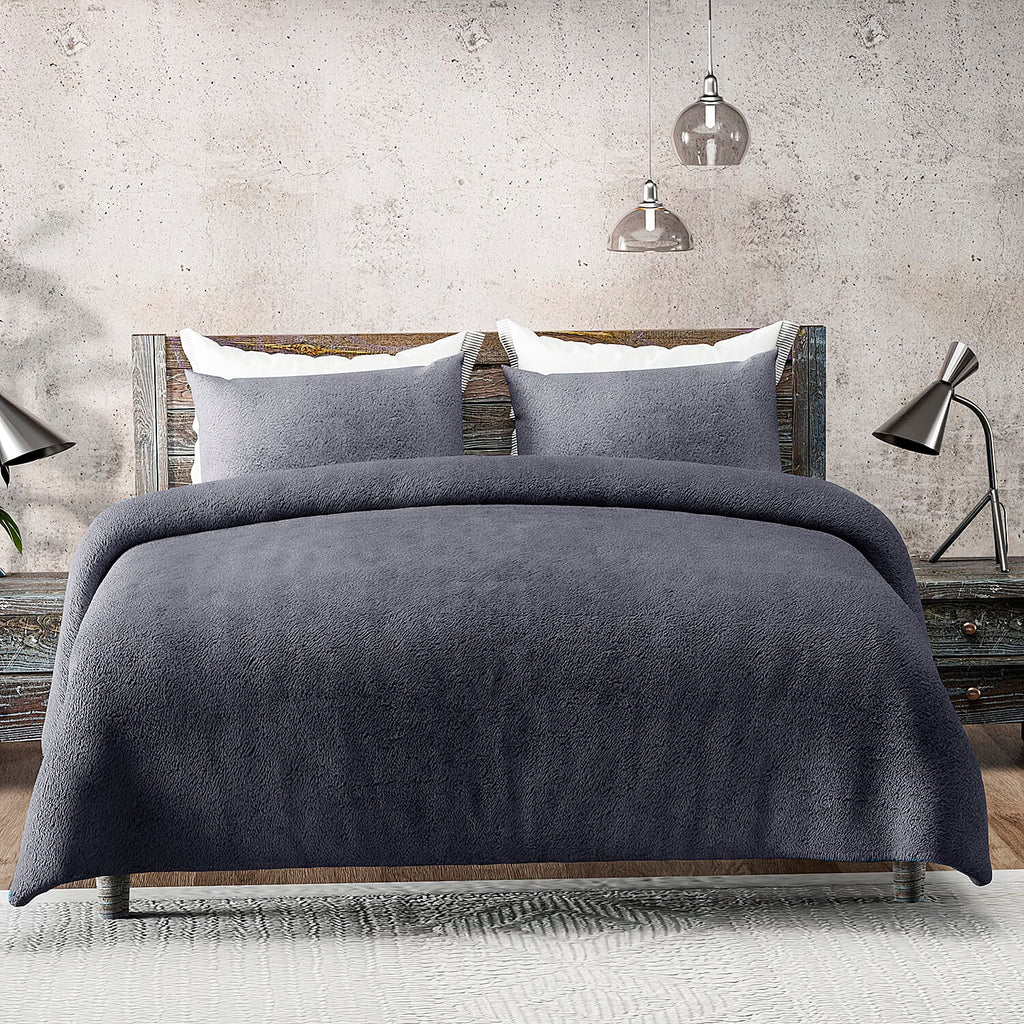 Luxury Edition - 3 Piece Set Teddy Fleece Duvet Cover & 2 Pillowcases - Grey Double