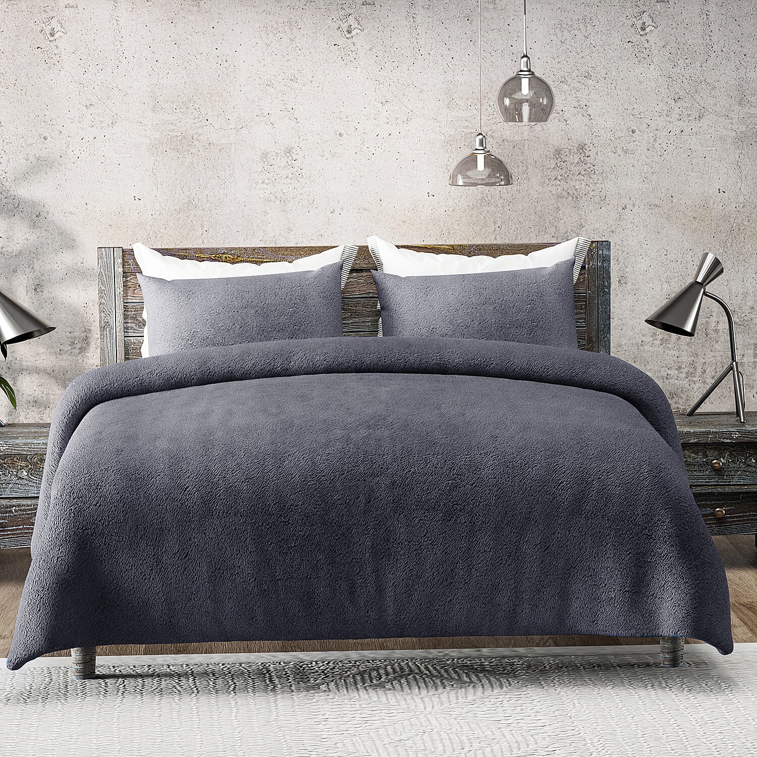 Luxury Edition - 3 Piece Set Teddy Fleece Duvet Cover & 2 Pillowcases - Grey Double