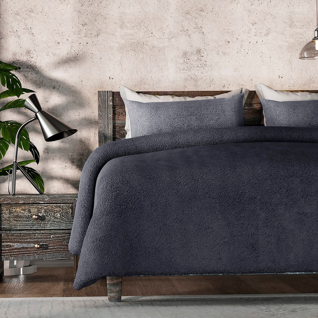 Luxury Edition - 3 Piece Set Teddy Fleece Duvet Cover & 2 Pillowcases - Grey Double