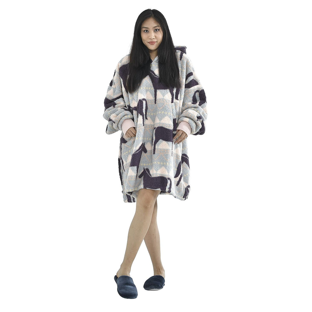 TJC Horse Pattern Single Layer Sherpa Hoodie (Size 194x98 Cm) - Blue