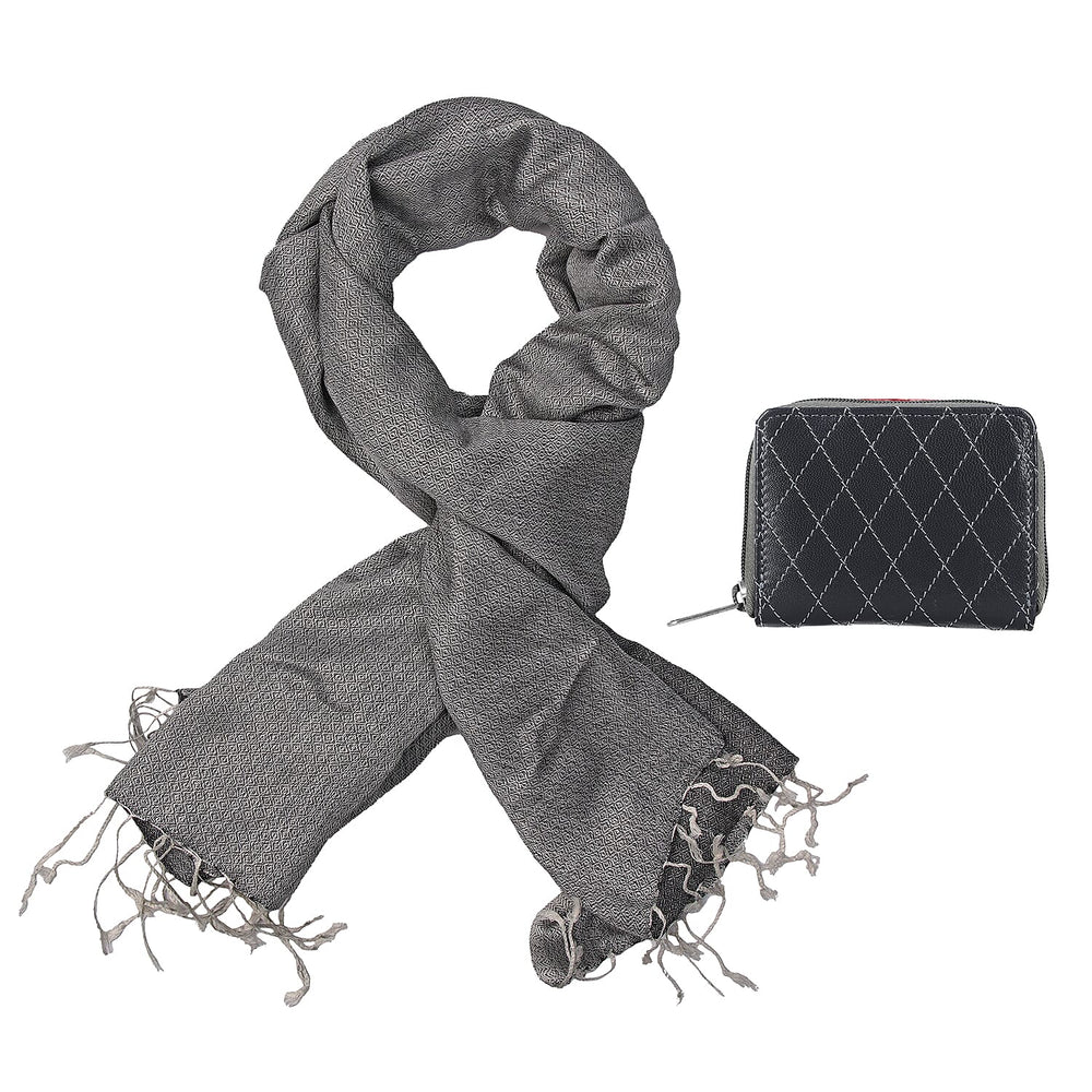 RFID Protected Leather Wallet and Stole (Size 195x68 Cm) - Grey