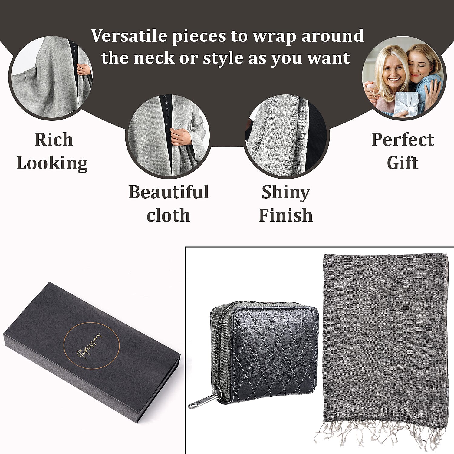 RFID Protected Leather Wallet and Stole (Size 195x68 Cm) - Grey