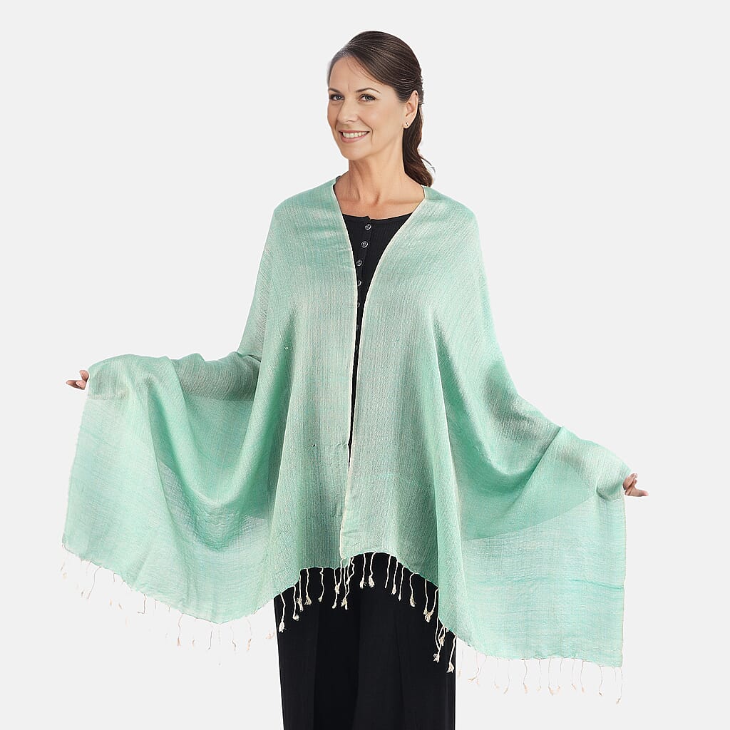 2 piece Set - Gift Box with RFID Protected Leather Wallet and Merino Wool Scarf set (Size 195x68 Cm) - Light Green - Teal