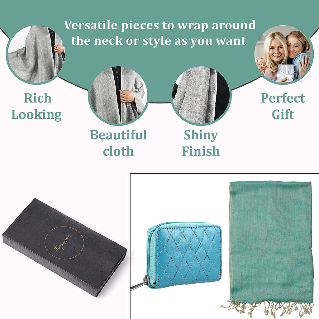 2 piece Set - Gift Box with RFID Protected Leather Wallet and Merino Wool Scarf set (Size 195x68 Cm) - Light Green - Teal