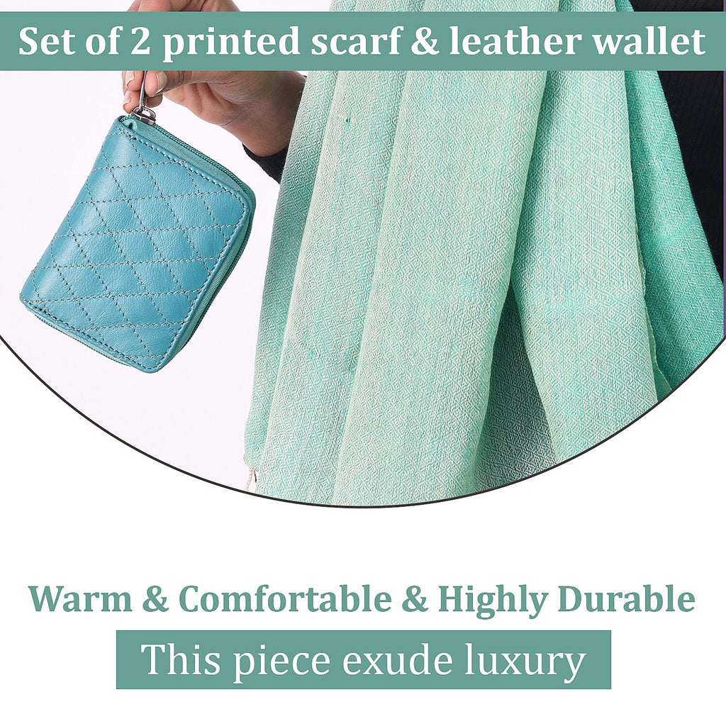 2 piece Set - Gift Box with RFID Protected Leather Wallet and Merino Wool Scarf set (Size 195x68 Cm) - Light Green - Teal
