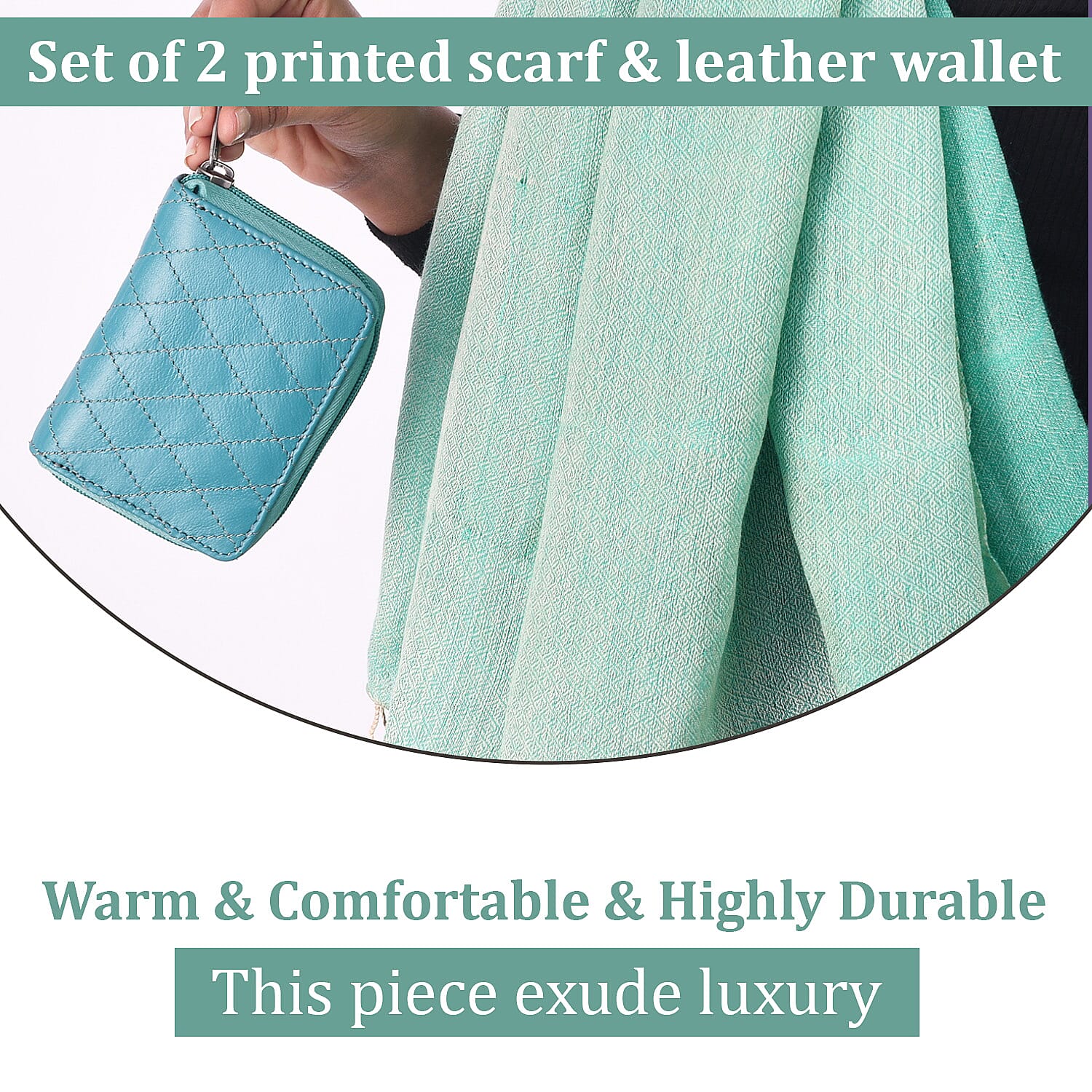 2 piece Set - Gift Box with RFID Protected Leather Wallet and Merino Wool Scarf set (Size 195x68 Cm) - Light Green - Teal