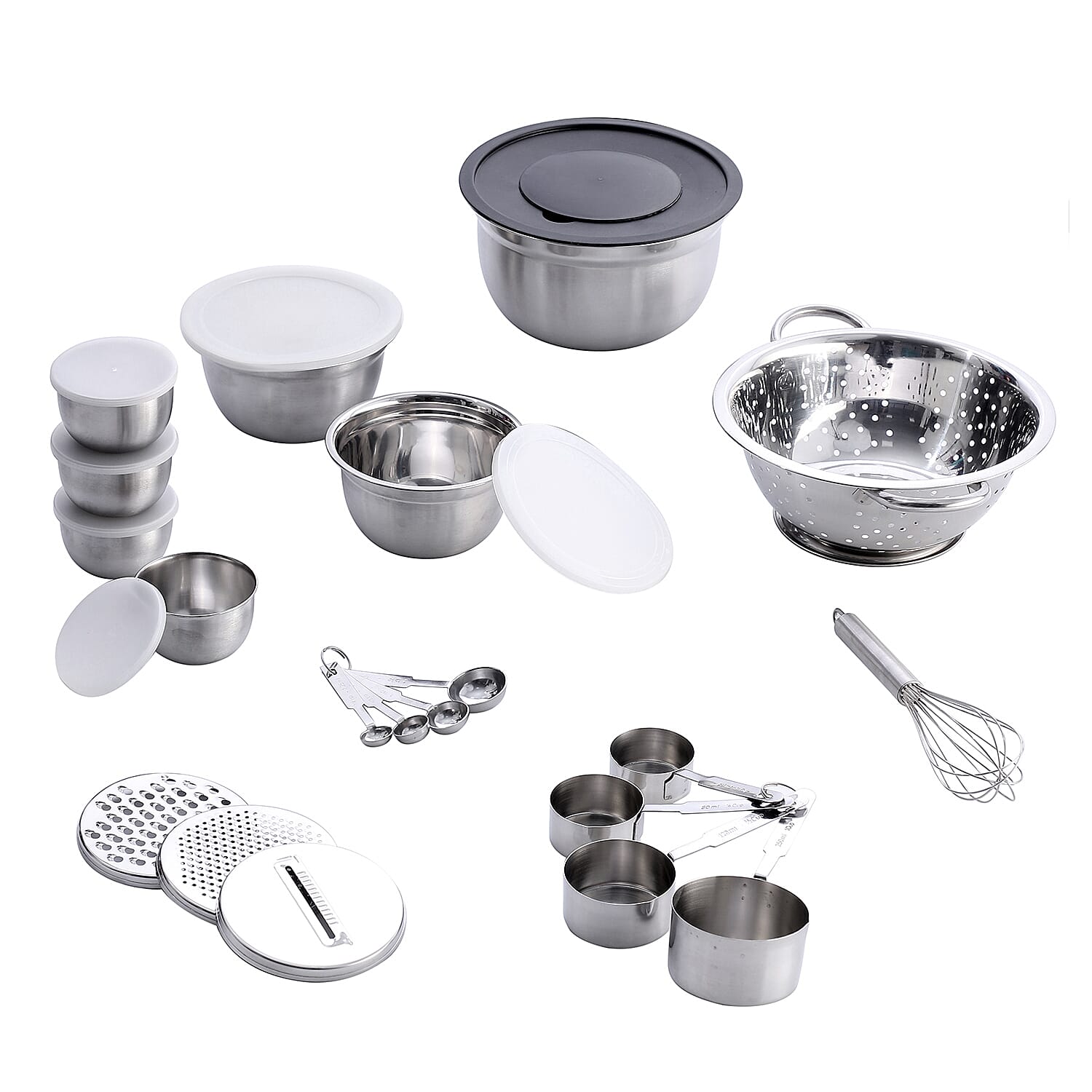 Value Buy - Set of 27 Stainless Steel Kitchen Utensils (Incl. Deep Colander Splash Bowl with 3 Graters Bowl with Lid, Measuring Cup & Spoon, Prep Bowl with Lid & Whisk)