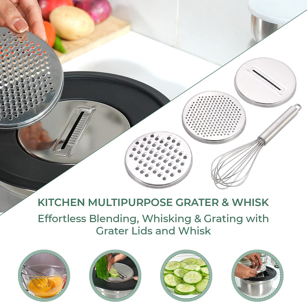 Value Buy - Set of 27 Stainless Steel Kitchen Utensils (Incl. Deep Colander Splash Bowl with 3 Graters Bowl with Lid, Measuring Cup & Spoon, Prep Bowl with Lid & Whisk)