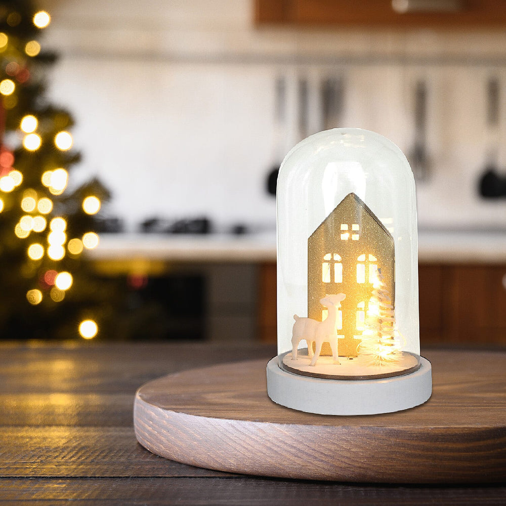 House and Deer Scene Light Up Dome - Gold - White