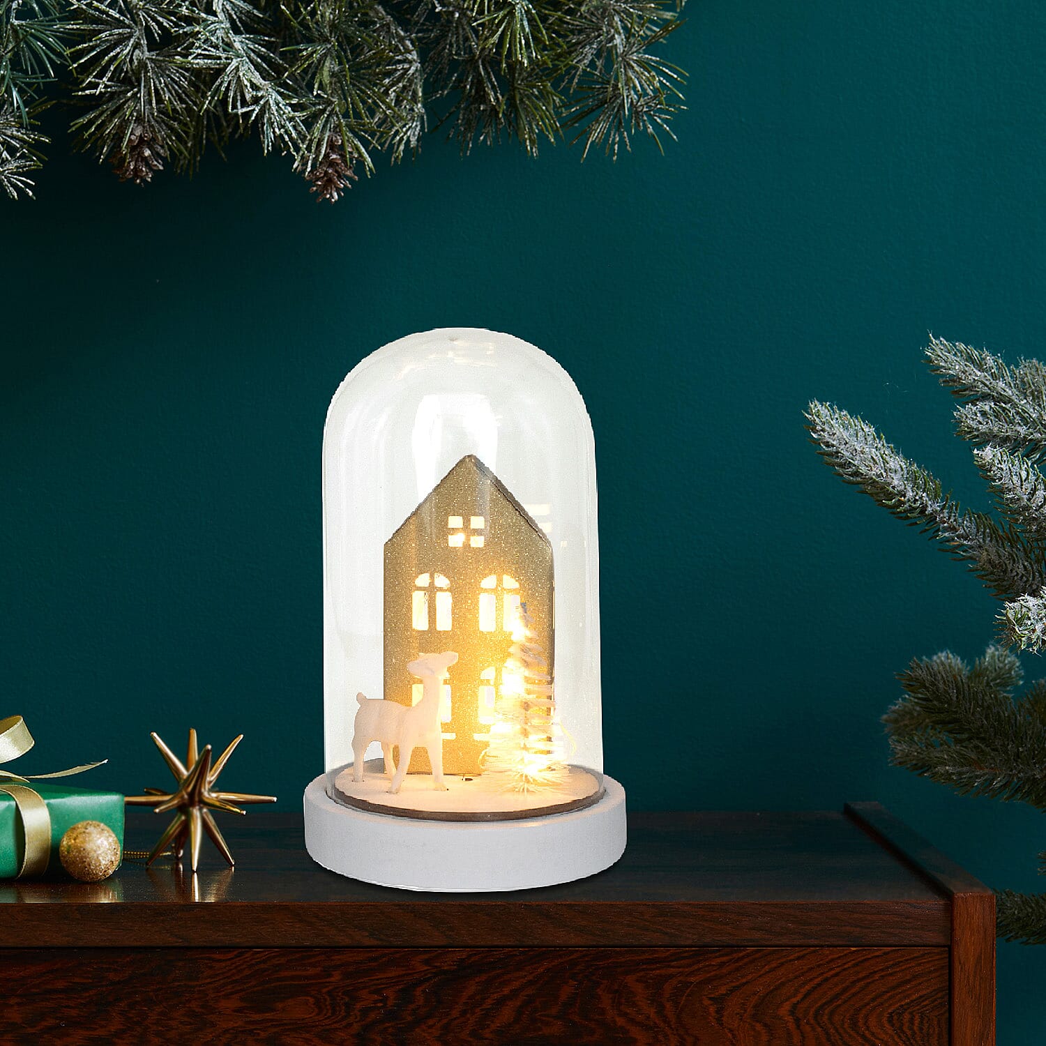 House and Deer Scene Light Up Dome - Gold - White