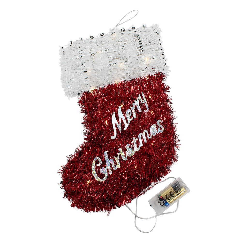 Light Up Tinsel Christmas Stocking (Battery Operated) - Red - White