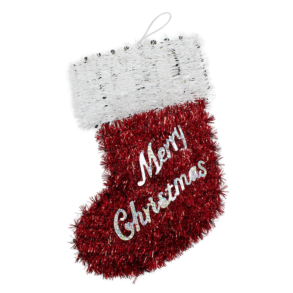 Light Up Tinsel Christmas Stocking (Battery Operated) - Red - White