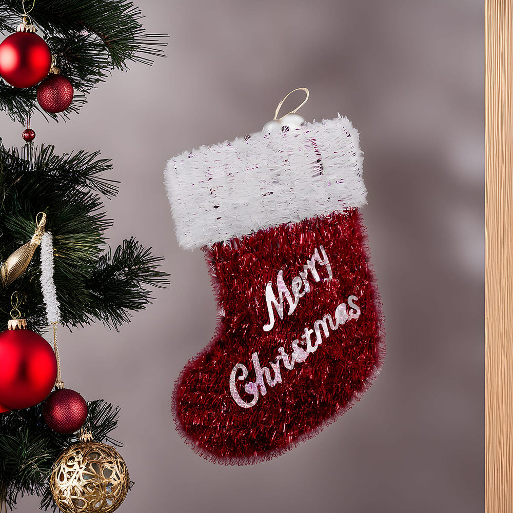 Light Up Tinsel Christmas Stocking (Battery Operated) - Red - White